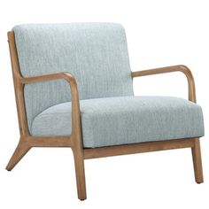 a light blue upholstered chair with wooden legs and arms, viewed from the front