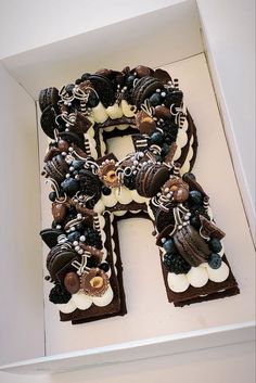 Custom Initial Birthday Cake. Chocolate Cake Decorated with Fruit and Macarons R Cake Design, Letter Cake For Men, Letter Cake Ideas For Men, Men Number Cake, Number Birthday Cakes For Adults, Number Birthday Cakes For Men, Black And Gold Number Cake, Birthday Cake For 18th Birthday Boy, Number Cakes For Men