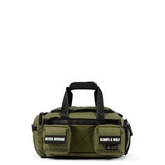 an olive green duffel bag with black straps and two pockets on the front,