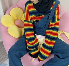 Rainbow Stripe Shirt, Colorful Chunky Sweater, Colorful Sweaters Aesthetic, Primary Color Clothes, Pastel Outfits Casual, Primary Outfits, Rainbow Outfit Ideas, Pride Aesthetic Outfits, Gay Fashion Women