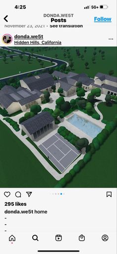 an aerial view of a house with a pool and tennis court in the foreground