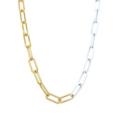 <p>White Enamel Paperclip Chain Necklace</p> <ul> <li>Yellow Gold Plated</li> <li>Links: 0.25 Wide X 0.38 Long</li> <li>17-18 Adjustable Length</li> </ul> Triple Layer Necklace, Paperclip Chain Necklace, Medium Hoop Earrings, Daisy Earrings, Large Hoop Earrings, Earring Sale, Cuff Bangles, Delicate Necklace, Heart Jewelry