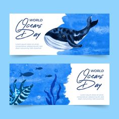 two watercolor banners with whale and fish on blue background for world oceans day illustration