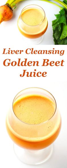 two glasses of golden beet juice on a white table with carrots and celery in the background