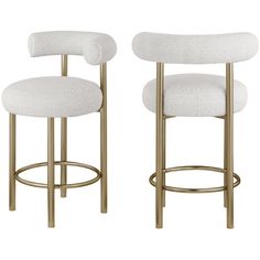 two white upholstered barstools with gold legs and backrests, one on each side