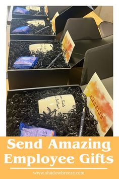 several boxes with writing on them and the words send amazing employee gifts in each box