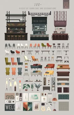 a poster with different types of chairs and tables on it's sides, all in different colors