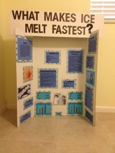 a bulletin board with pictures and words on it that says what makes ice melt fastest?