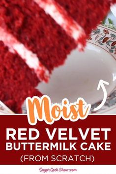 a slice of red velvet buttermilk cake on a plate