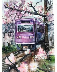 Themes in Watercolor Paintings Color Water Painting Beautiful, Train Painting Watercolor, Dreamy Watercolor Art, Aesthetic Art Drawing Watercolor, Painting In Watercolor, Beautiful Water Colour Painting, Best Water Colour Paintings, Beautiful Watercolour Painting, Water Colouring Painting