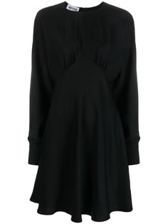 black satin finish round neck poet sleeves buttoned-cuff sleeves fitted waistline concealed rear zip fastening flared skirt above-knee length