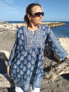 Indigo cotton tunic Bohemian Blue Cotton Tunic, Indigo Cotton Tops With Batik Print, Blue Cotton Tunic With Block Print, Blue Block Print Summer Tunic, Kaftan Outfit, Postpartum Gift, Bohemian V-neck Tunic With Block Print, Summer Tunic, Tunic Designs