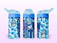 thermos are designed to look like they have snowmen on them, and one is