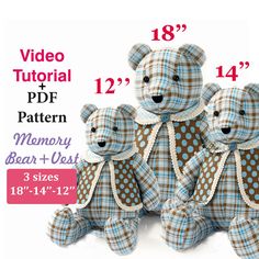 three teddy bears sitting next to each other on a white background with the measurements for each one