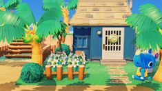 an animal crossing game with a blue house and palm trees in the foreground, on a sunny day