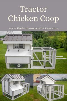 the chicken coop is shown in three different pictures, and it's white with gray roof