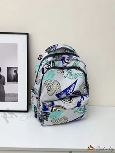 Bird in Bag - Graffiti Pattern Multi-Pocket College-Style Functional Backpack Casual Backpack With Letter Print For Back To School, Casual Letter Print Backpack For Back To School, Casual Letter Print Standard Backpack, Trendy Everyday Backpack With Letter Print, Trendy Student Backpack With Letter Print, Trendy School Backpack With Letter Print, Casual Backpack With Cell Phone Pocket, Retro School Bags With Pockets, Casual School Backpack With Multiple Pockets