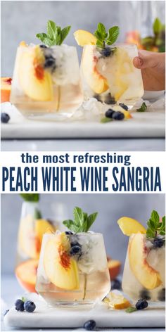 the most refreshing peach white wine sangria is served with fresh fruit and mint garnish