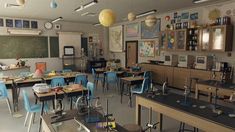 an empty classroom with desks and chairs