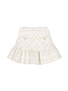 ivory white/gold-tone cotton tweed check pattern metallic threading ruffled trim to the waistline faux pocket detail to the front full lining ruffle hem concealed side zip fastening White Tweed Skirt, Dress With Jean Jacket, Teen Boy Outfits, Baby Boy Accessories, Burberry Kids, Dolce And Gabbana Kids, Ruffled Skirt, Tweed Skirt, Stella Mccartney Kids