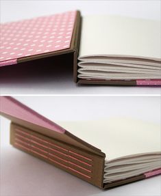 three different views of an open notebook with pink and white paper on the pages,