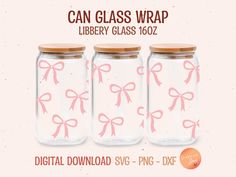 three glass jars with pink bows on them and the words can glass wrap liberty glass 1062