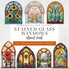 stained glass windows with different styles and colors, all in different shapes and sizes on the front