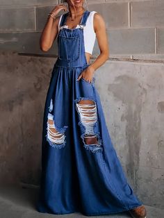 Wide Leg Distressed  Dungarees Jumpsuit Without Sleeve Dark Wash Casual  Sleeveless Woven Fabric Plain Overall Non-Stretch  Women Clothing, size features are:Bust: ,Length: ,Sleeve Length: Ripped Fabric, Distressed Overalls, Altered Clothing, Making Clothes, Upcycled Clothes, Balloon Pants, Denim Wear, Ripped Denim, Denim Overalls