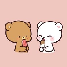 two cartoon bears eating ice cream on a pink background