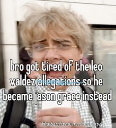 an older woman with glasses is looking at her cell phone and has the caption broo got tired of the leo valdez alligators so he become jason grace instead