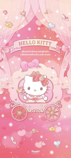 the hello kitty poster is on display in front of a pink background with hearts and stars