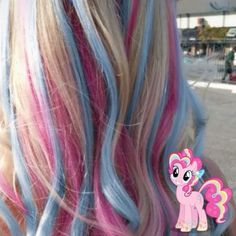 Blonde And Other Color Hair, Blue And Pink Highlights In Blonde Hair, Pinky Pie Hair, My Little Pony Hair Dye, Mlp Inspired Hair, Blue And Pink Hair Ideas, Mlp Hair Ideas, Blue Lavender Hair, Unique Hair Color Ideas For Blondes