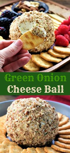 a cheese ball on top of crackers with berries and raspberries in the background