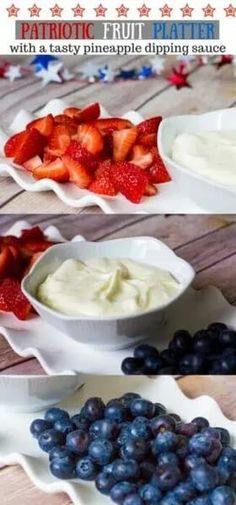 blueberries and strawberries are being served in bowls with dips on them for patriotic fruit platter