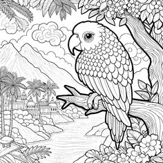 an adult coloring book page with a parrot perched on a tree branch in the jungle