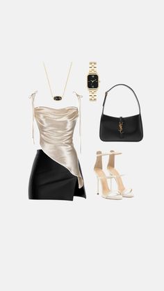 a woman's outfit with heels, watch and purse