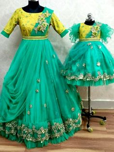 Green And Yellow Net Mother Daughter Matching Combo Dress in Floral Handwork Mother And Daughter Combo Dress, Long Choli Lehenga, Photography Effects, Mother Daughter Dress, Saree Gown, Plain Saree, Net Lehenga, Ready To Wear Saree, Combo Dress