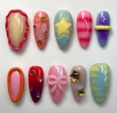 Materials: gel nail, long stiletto tips Greetings and welcome to my store. Hope you find a style you like. ✋🙆I only work with high-quality materials to create sturdy & long-lasting luxury press on nails that you can trust on. My nails will last for:1- 2 days using adhesive tab (provided with the nail set) 2- 3 weeks using nail glue. You can reuse all of the nails multiple times if you take care of them. Follow the instructions provided with the nail set. 💮Please follow the instruction size mea Nail Almond, Aesthetic Fruit, Nailinspo Nailart, Flower Press, Nails 3d, Pretty Gel Nails, Really Cute Nails, Nail Swag, Kawaii Nails