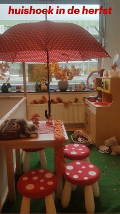 two stools under an umbrella in a playroom