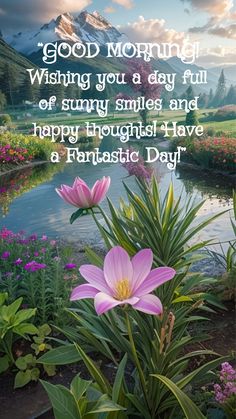 flowers in the foreground with a quote about good morning wishing you a day full of sunny smiles and happy thought have a fantastic day