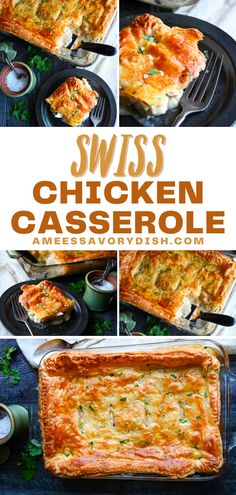 a collage of photos showing different types of casserole with cheese and herbs