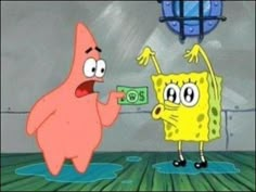 an animated spongebob holding up a money bill to another cartoon character with his mouth open