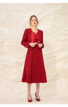 Introducing the epitome of timeless elegance - the Red Retro High-End Tweed Two-Piece Skirt Suit by Tipa. This luxurious ensemble is designed to make a statement, making it the perfect choice for weddings and other special occasions. Crafted with meticulous attention to detail, this red tweed skirt suit exudes sophistication and refinement. The high-quality tweed fabric adds a touch of texture and depth, while the retro-inspired silhouette adds a classic charm that never goes out of style. The j Tweed Two Piece, Tweed Skirt Suit, Red Two Piece, Red Retro, Tweed Skirt, Tweed Fabric, Date Outfits, Skirt Suit, Coat Dress