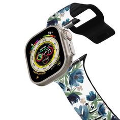 an apple watch with blue flowers on it