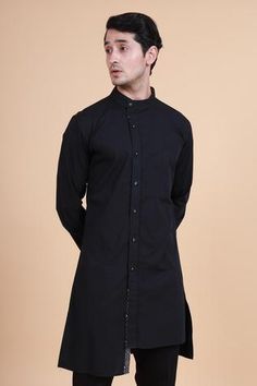 Shop for Raghavendra Rathore Blue Black Cotton Asymmetric Kurta Set for Men Online at Aza Fashions Festive Kurta With Button Cuffs, Traditional Cotton Kurta With Button Cuffs, Traditional Workwear Kurta With Buttons, Traditional Fitted Kurta With Button Cuffs, Fitted Kurta With Buttons For Semi-formal Occasions, Fitted Dabka Kurta For Workwear, Mandarin Collar, Asymmetric Hem, Black Shorts