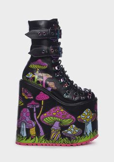 Current Mood Mushroom Print Double Stacked Platform Boots - Black/Multi – Dolls Kill Hippie Platform Shoes, 90s Platform Shoes, Goth Shoes, Grunge Clothing, Print Boots, Lace Up Leggings, Cute Shoes Heels, Mushroom Print, Black Platform Boots