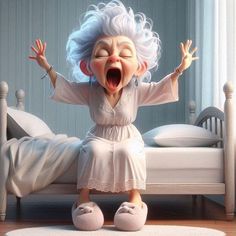 an animated character is sitting on a bed with her hands up and mouth wide open