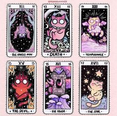 four taroti cards with different designs on them