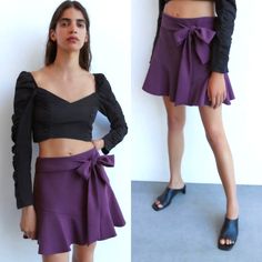 Nwot Excellent Condition! Please Comment If You Have Any Questions! Chic Purple Shorts For Day Out, Zara Fitted Shorts For Fall, Purple Skort, Purple Bow, Purple Bows, Zara Shorts, Skorts, Color Purple, Zara