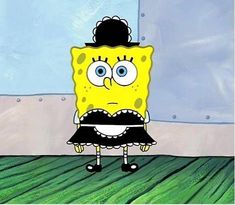 the spongebob is wearing a black dress